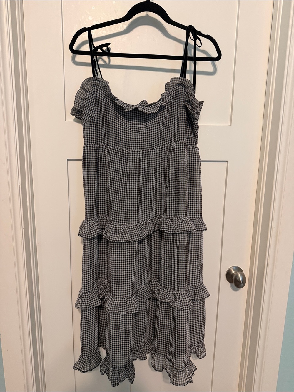 Cooper St Black and White Gingham Ruffle Tiered Midi Dress with Tie Straps
